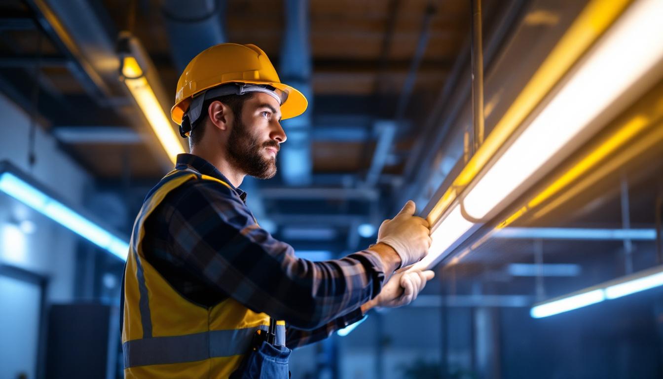 A photograph of a lighting contractor efficiently installing f32t8/tl941 fluorescent tubes in a well-lit commercial space