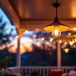 A photograph of a beautifully designed porch ceiling light fixture illuminated at dusk