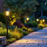 A photograph of a beautifully landscaped garden featuring stylish post-mounted lights illuminating the pathway