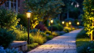 A photograph of a beautifully landscaped garden featuring stylish post-mounted lights illuminating the pathway