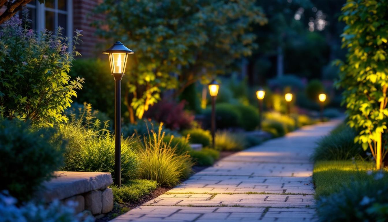 A photograph of a beautifully landscaped garden featuring stylish post-mounted lights illuminating the pathway