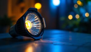 A photograph of a par 30 bulb illuminated in a stylish setting