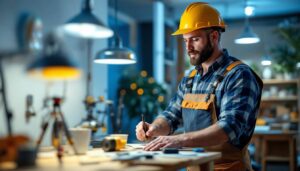 A photograph of a lighting contractor working on a residential or commercial project