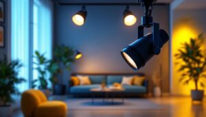 A photograph of a stylishly designed track light system in a modern interior setting
