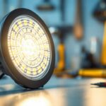 A photograph of a close-up view of a round led light in a well-lit setting
