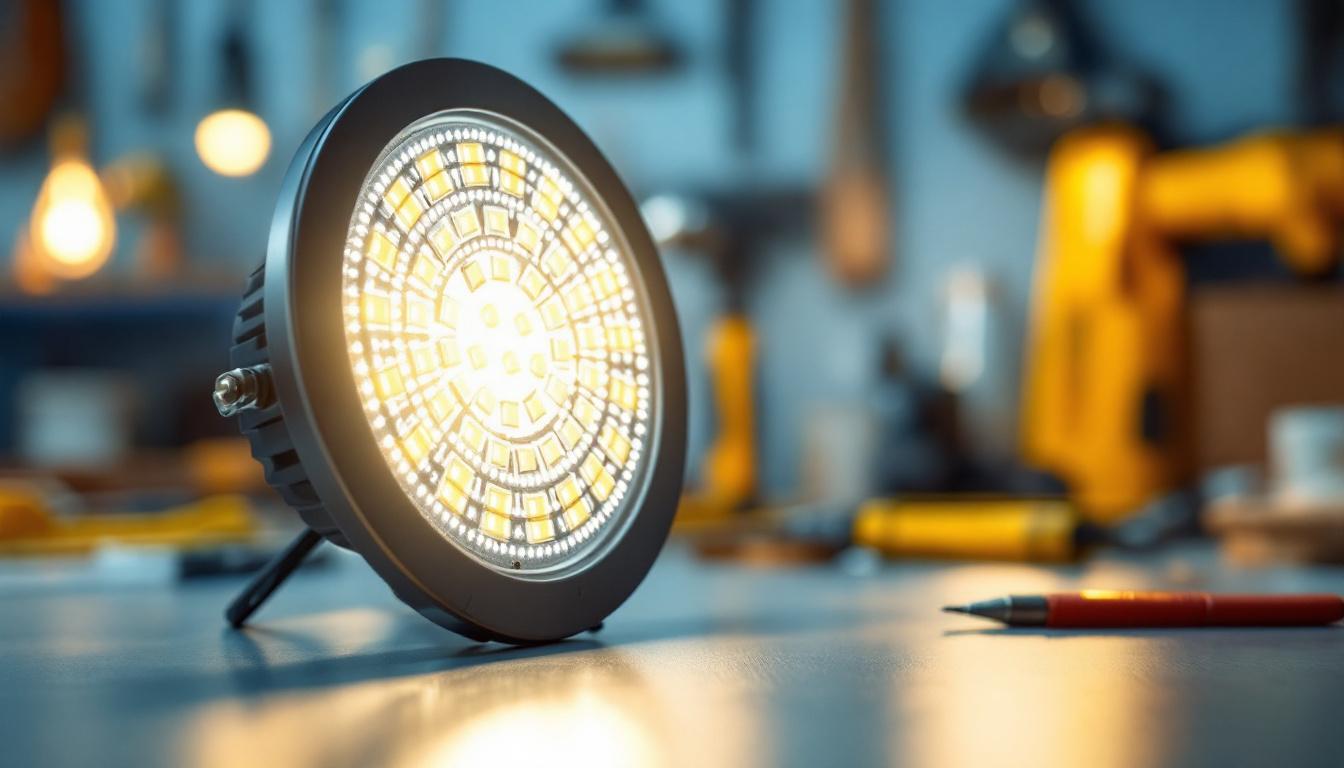 A photograph of a close-up view of a round led light in a well-lit setting