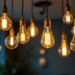 A photograph of a beautifully arranged set of hanging ceiling light bulbs in various styles and sizes