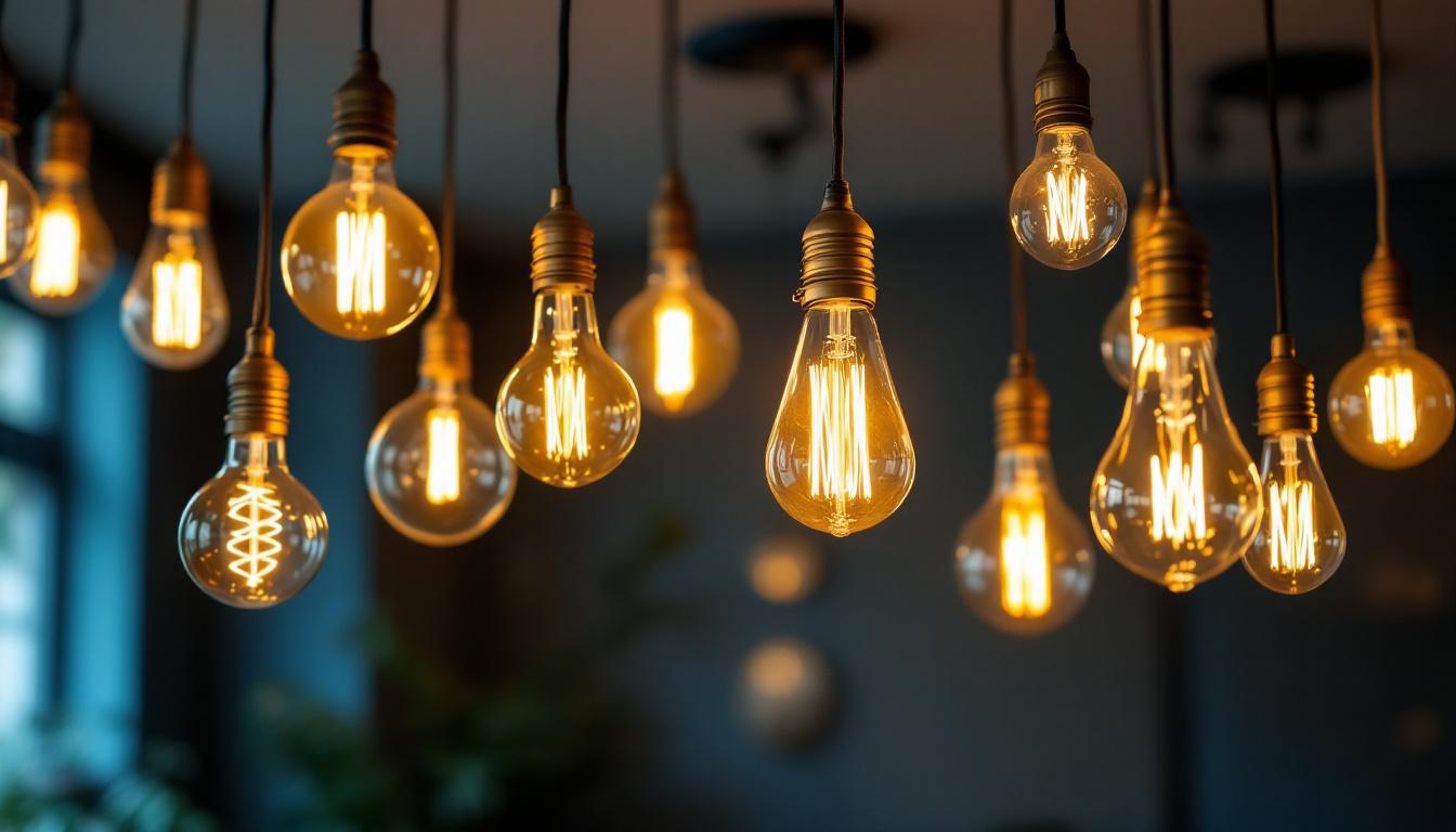 A photograph of a beautifully arranged set of hanging ceiling light bulbs in various styles and sizes