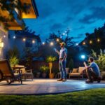 A photograph of a well-lit patio at dusk