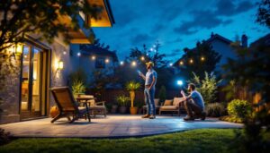 A photograph of a well-lit patio at dusk