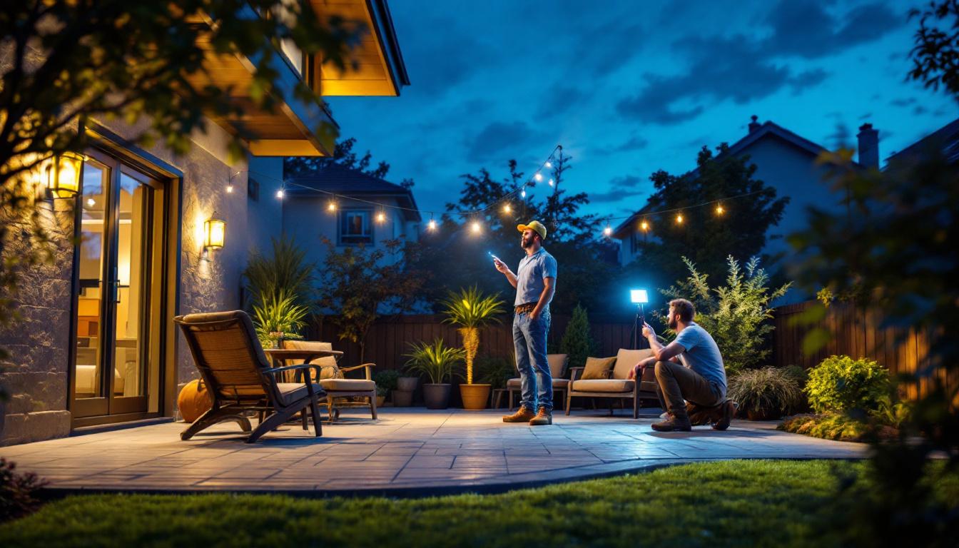 A photograph of a well-lit patio at dusk