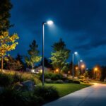 A photograph of a well-lit outdoor scene featuring various types of lighting poles installed in a landscaped area