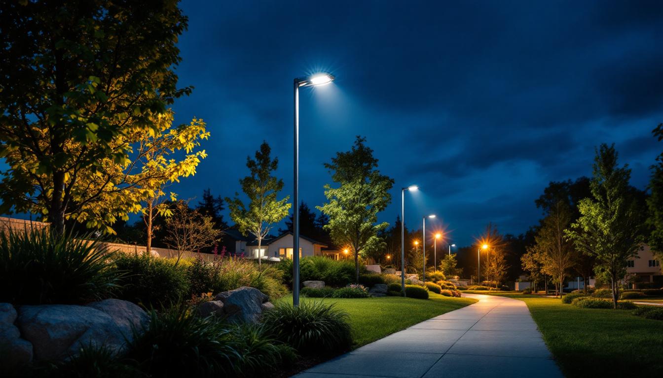 A photograph of a well-lit outdoor scene featuring various types of lighting poles installed in a landscaped area