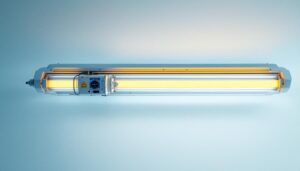 A photograph of a detailed fluorescent light fixture with visible components