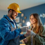 A photograph of a lighting contractor installing led bulbs in a residential or commercial setting