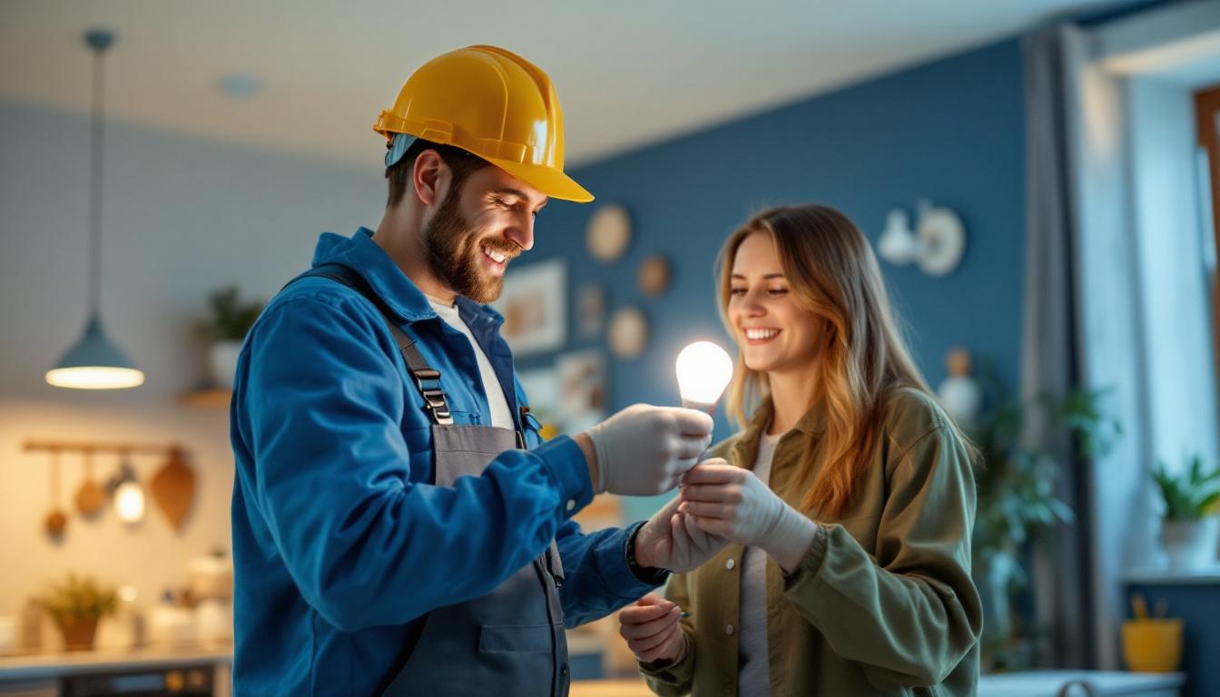 A photograph of a lighting contractor installing led bulbs in a residential or commercial setting