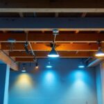 A photograph of a well-lit unfinished basement ceiling