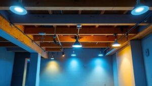 A photograph of a well-lit unfinished basement ceiling
