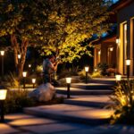 A photograph of a well-lit outdoor space featuring stylish electric yard lights in various configurations