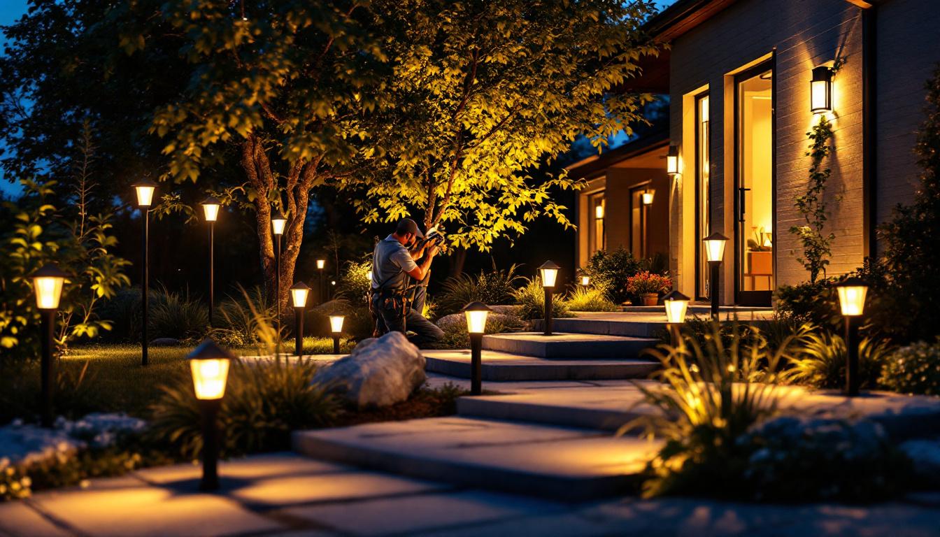 A photograph of a well-lit outdoor space featuring stylish electric yard lights in various configurations