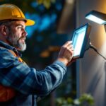 A photograph of a lighting contractor installing high-quality outdoor flood light bulbs in a residential or commercial setting