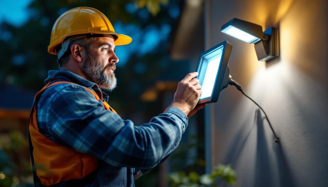 A photograph of a lighting contractor installing high-quality outdoor flood light bulbs in a residential or commercial setting
