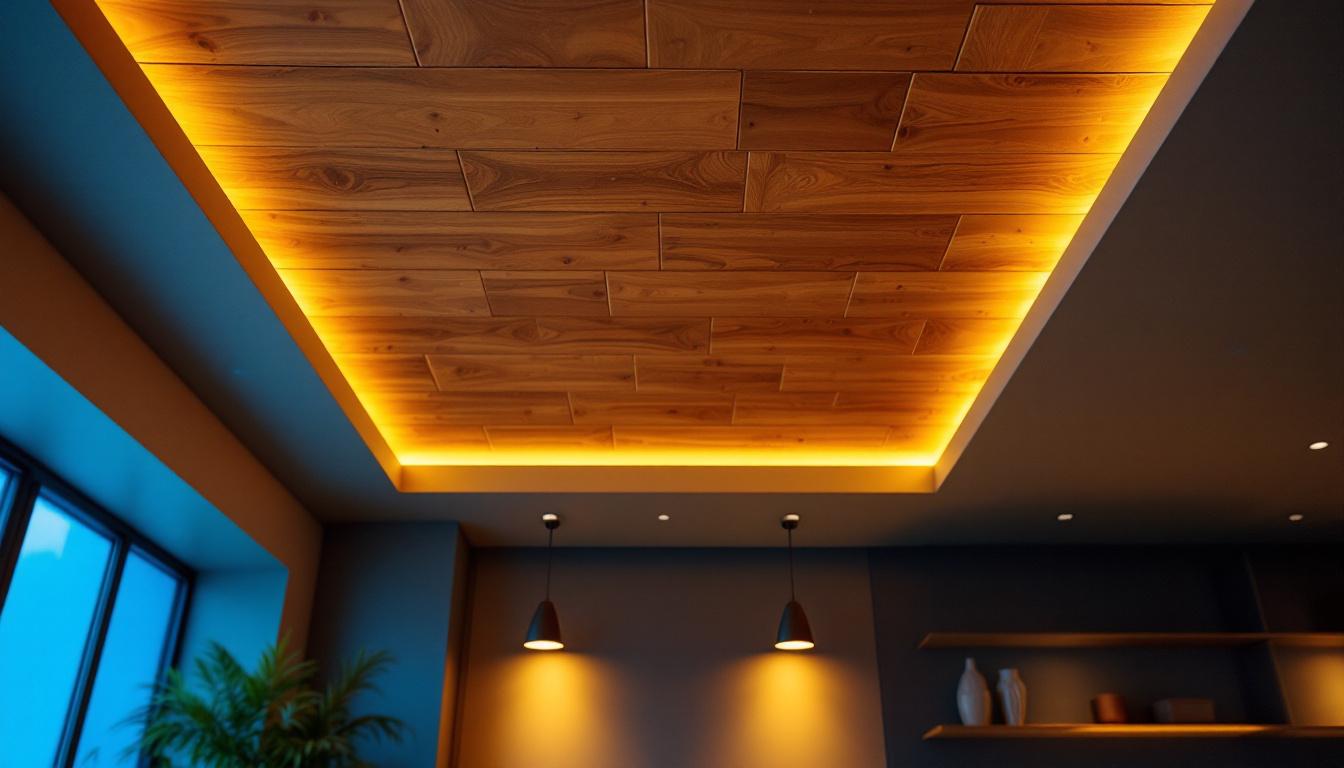 A photograph of a beautifully designed interior space featuring a wood ceiling