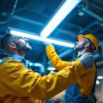 A photograph of a lighting contractor installing or showcasing energy-efficient fluorescent lights in a commercial setting