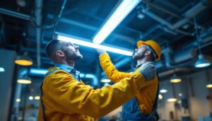 A photograph of a lighting contractor installing or showcasing energy-efficient fluorescent lights in a commercial setting