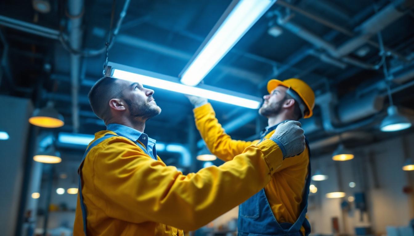A photograph of a lighting contractor installing or showcasing energy-efficient fluorescent lights in a commercial setting