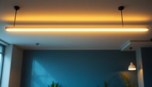 A photograph of a well-designed suspended linear lighting installation in a modern commercial space
