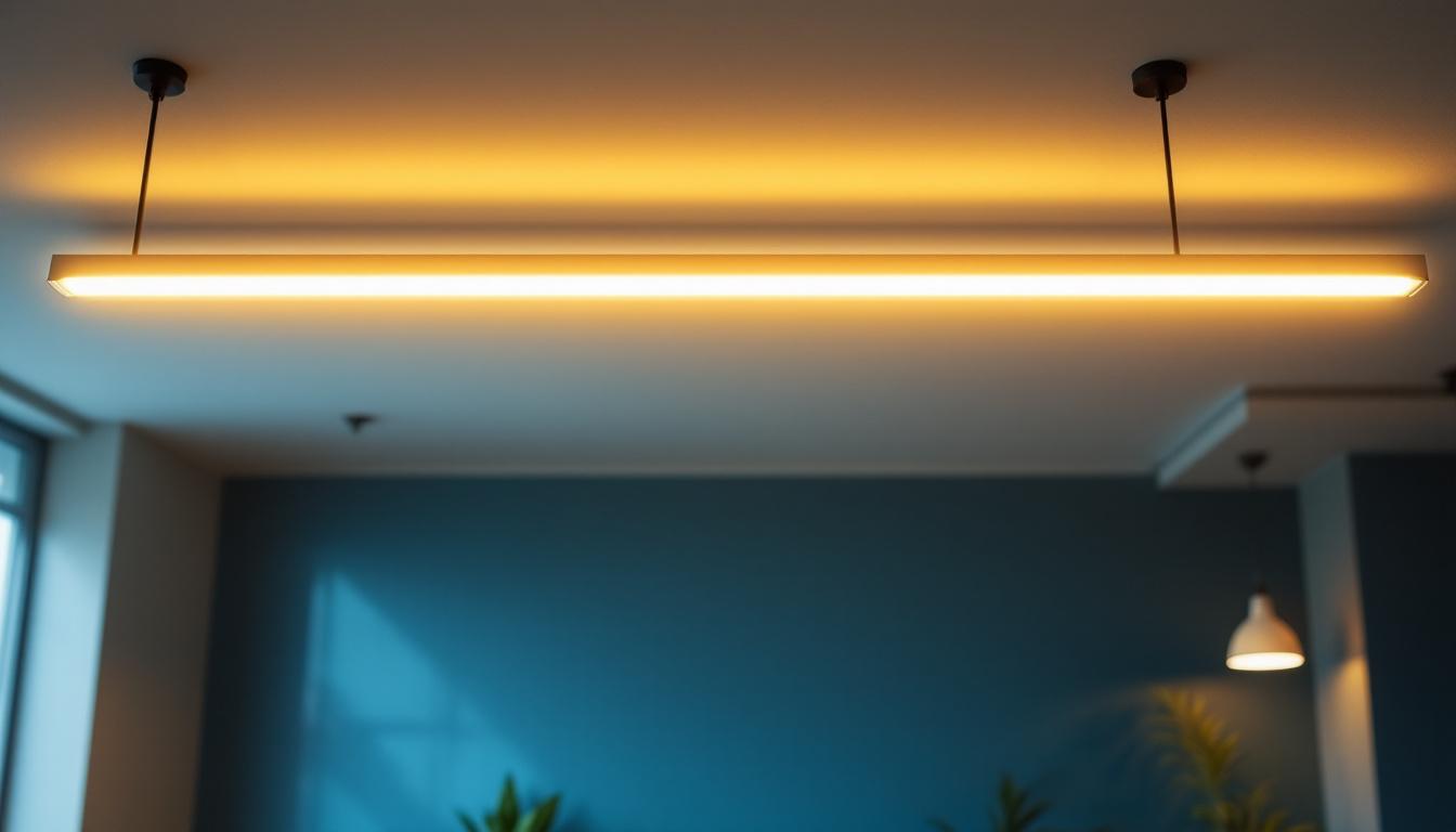 A photograph of a well-designed suspended linear lighting installation in a modern commercial space