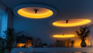 A photograph of a stylishly designed room featuring inset ceiling spotlights