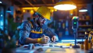 A photograph of a lighting contractor skillfully installing led light accessories in a modern workspace
