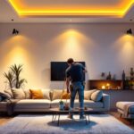 A photograph of a beautifully lit living space featuring stylish uplights that enhance the ambiance