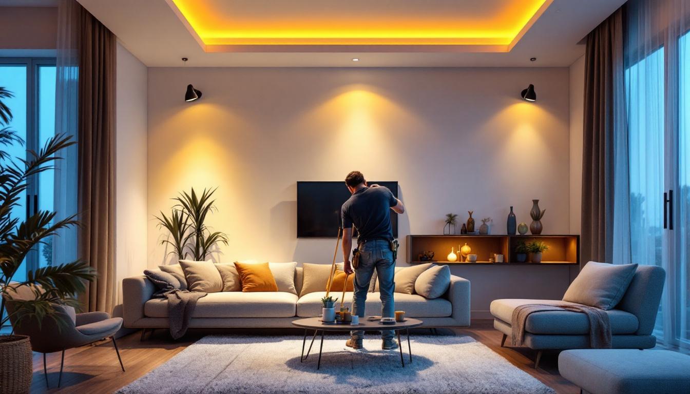 A photograph of a beautifully lit living space featuring stylish uplights that enhance the ambiance