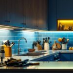 A photograph of a well-lit kitchen featuring sleek under cabinet lighting that highlights the countertops and creates a warm