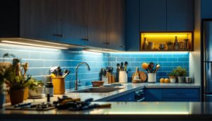 A photograph of a well-lit kitchen featuring sleek under cabinet lighting that highlights the countertops and creates a warm