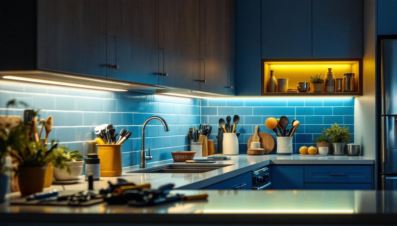 A photograph of a well-lit kitchen featuring sleek under cabinet lighting that highlights the countertops and creates a warm