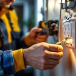 A photograph of a lighting contractor expertly installing or inspecting mobile home receptacles