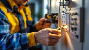 A photograph of a lighting contractor expertly installing or inspecting mobile home receptacles