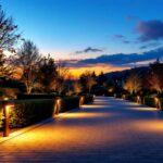 A photograph of a beautifully illuminated driveway at dusk