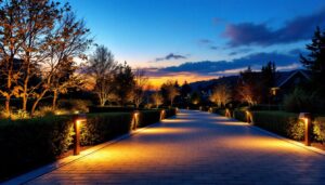 A photograph of a beautifully illuminated driveway at dusk
