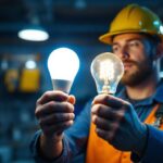 A photograph of a lighting contractor examining both led and fluorescent light bulbs side by side in a well-lit workspace