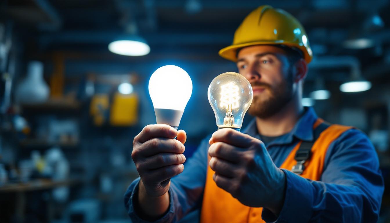 A photograph of a lighting contractor examining both led and fluorescent light bulbs side by side in a well-lit workspace