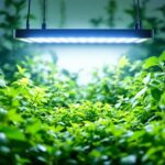 A photograph of a vibrant indoor garden illuminated by a powerful 1000w grow light