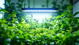 A photograph of a vibrant indoor garden illuminated by a powerful 1000w grow light