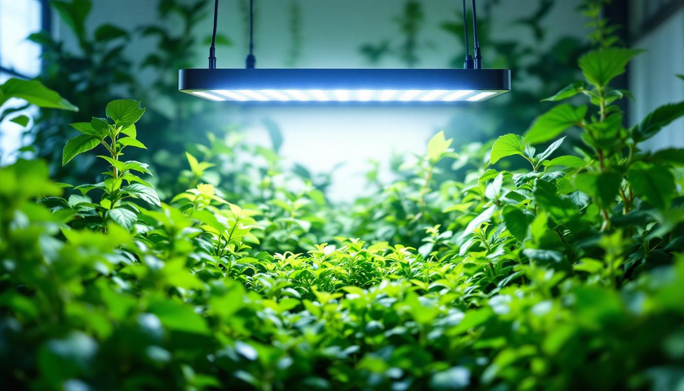 A photograph of a vibrant indoor garden illuminated by a powerful 1000w grow light