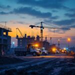 A photograph of a construction site at dusk