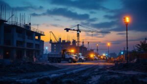 A photograph of a construction site at dusk